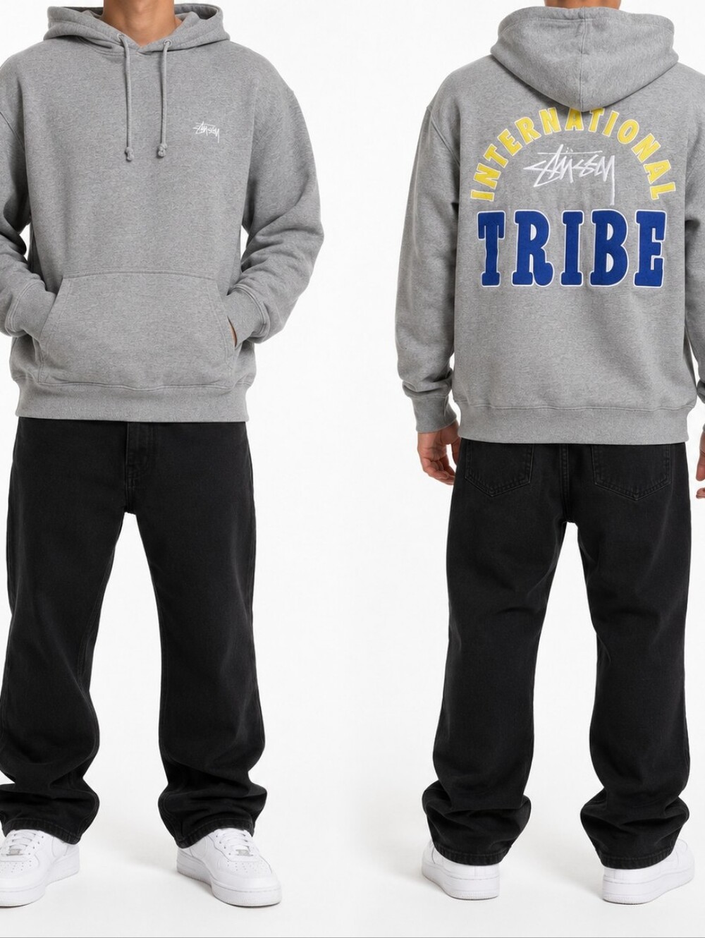 Vintage Stüssy International Tribe Hoodie Made in USA Gray Pullover Sweatshirt S